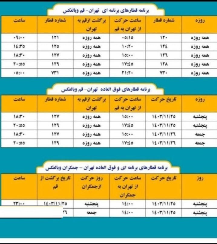برقراری قطارهای فوق العاده به قم و جمکران در پایان هفته برقراری قطارهای فوق العاده به قم و جمکران در پایان هفته
