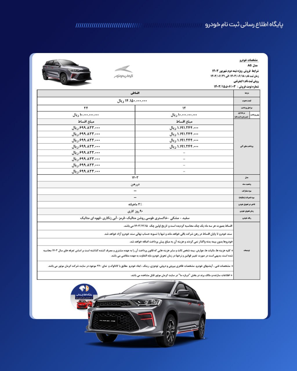 زمان و شرایط ثبت نام فروش خودرو A۵ کرمان موتور زمان و شرایط ثبت نام فروش خودرو A۵ کرمان موتور