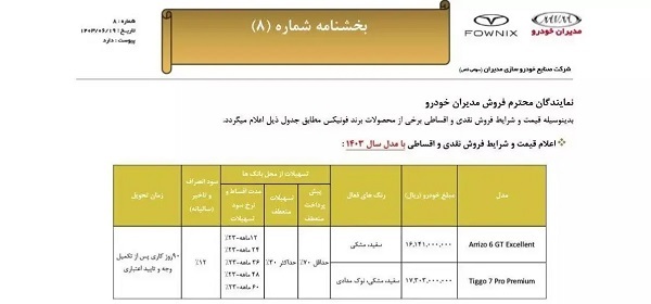 شرایط فروش فوقالعاده و اقساطی ۲ خودرو از امروز ۲۰ شهریور ۱۴۰۳ +جدول قیمت شرایط فروش فوقالعاده و اقساطی ۲ خودرو از امروز ۲۰ شهریور ۱۴۰۳ +جدول قیمت