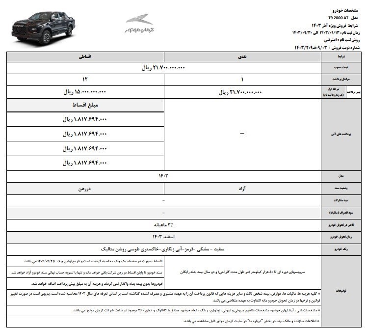 ثبت نام خودرو‌های کرمان موتور ویژه آذر ۱۴۰۳+ شرایط فروش نقد و اقساط و سایت ثبت نام