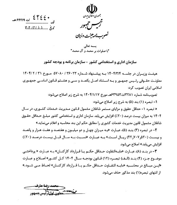 جزییات اصلاح تصویب نامه ضریب حقوق سال ۱۴۰۴ جزییات اصلاح تصویب نامه ضریب حقوق سال ۱۴۰۴