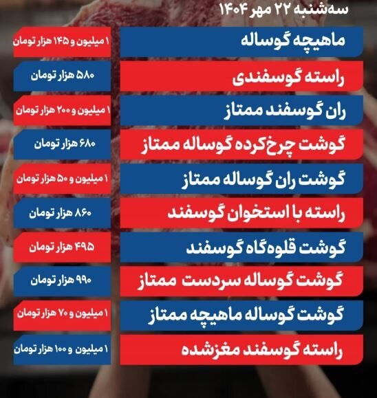 قیمت گوشت قرمز امروز ۲۲ مهر ۱۴۰۴ قیمت گوشت قرمز امروز ۲۲ مهر ۱۴۰۴