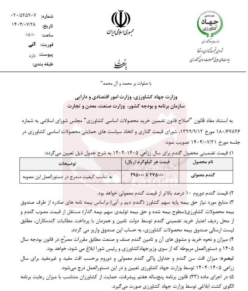 قیمت خرید تضمینی گندم ابلاغ شد قیمت خرید تضمینی گندم ابلاغ شد