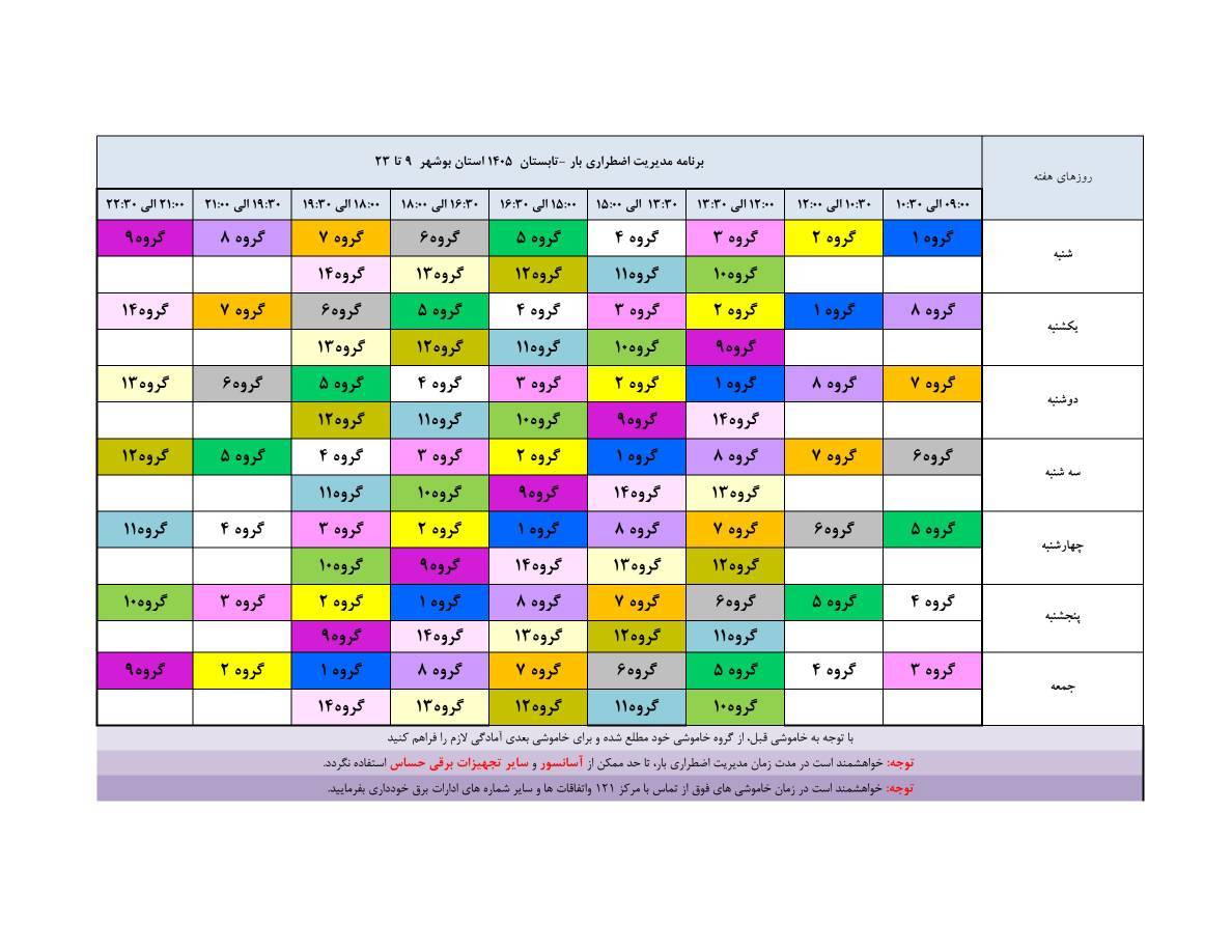 جدول قطعی برق بوشهر فردا دوشنبه ۲۲ تیر ۱۴۰۵ جدول قطعی برق بوشهر
