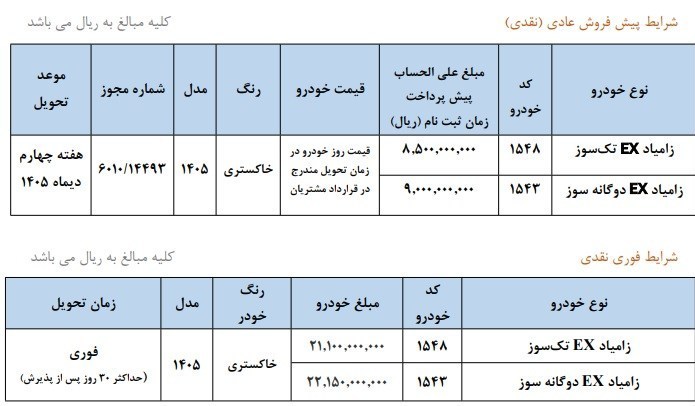 فروش فوری و پیش فروش زامیاد EX سایپا با قیمت جدید