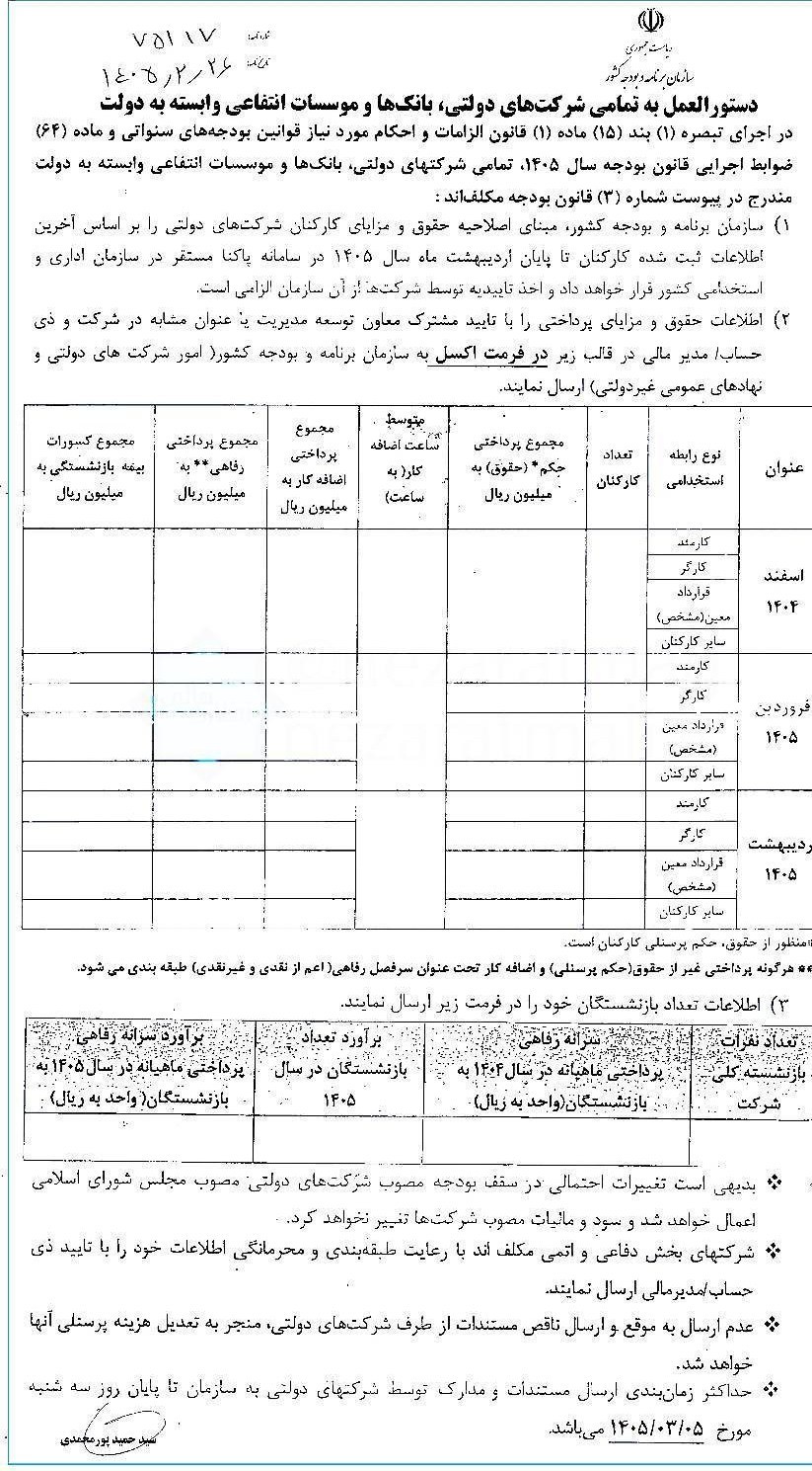 ابلاغ ضوابط و تکالیف مربوط به پرداخت حقوق و مزایای کارکنان